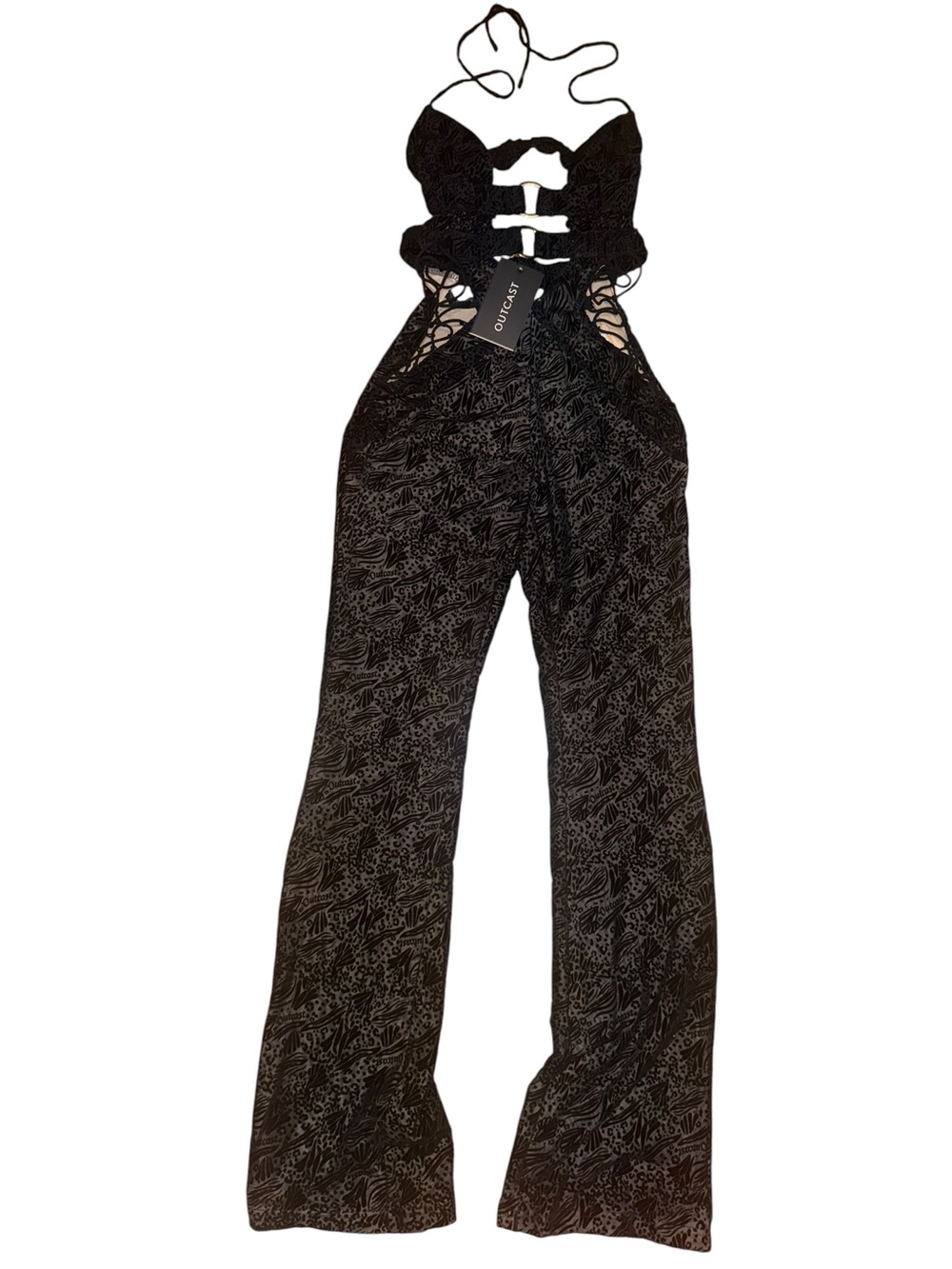 Open-Back Black Lace-Up Wide-Leg Jumpsuit - Picture 2 of 16